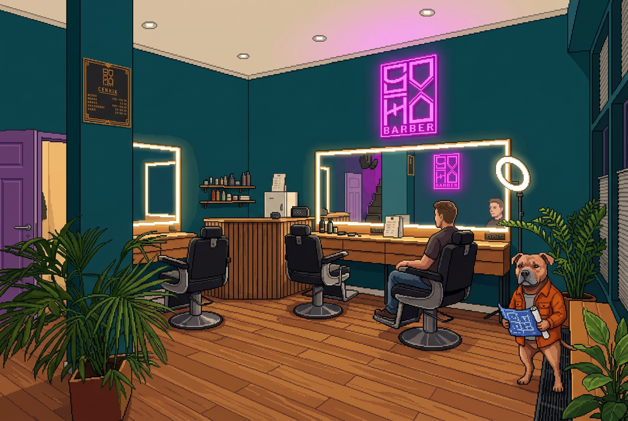 Barber stations with illuminated mirrors, SOHO neon and reddish-fawn Tonic holding plans