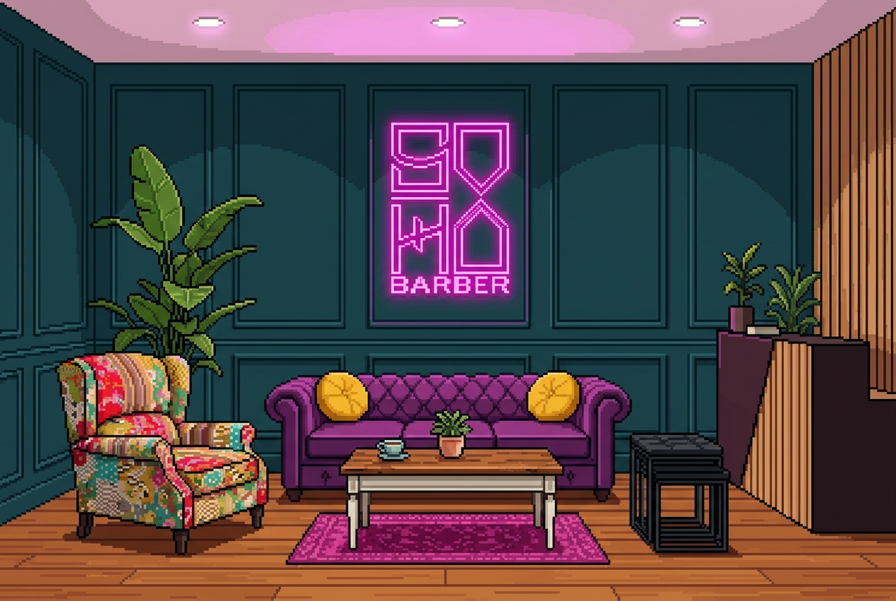 SOHO Barber neon above a purple sofa, with a floral armchair and wooden coffee table