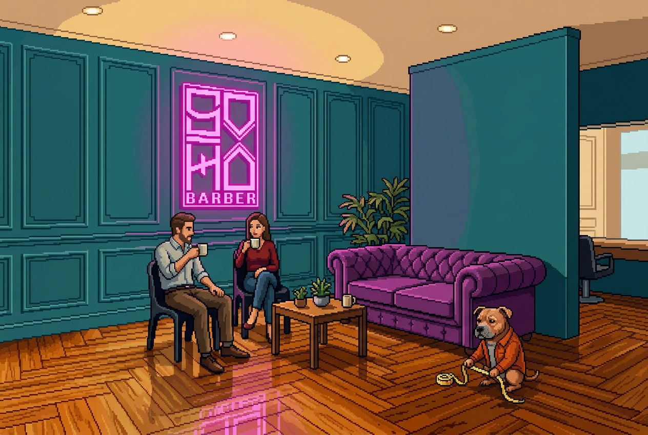 Guests having coffee in the petrol-coloured SOHO Barber lounge while Tonic measures beside the sofa
