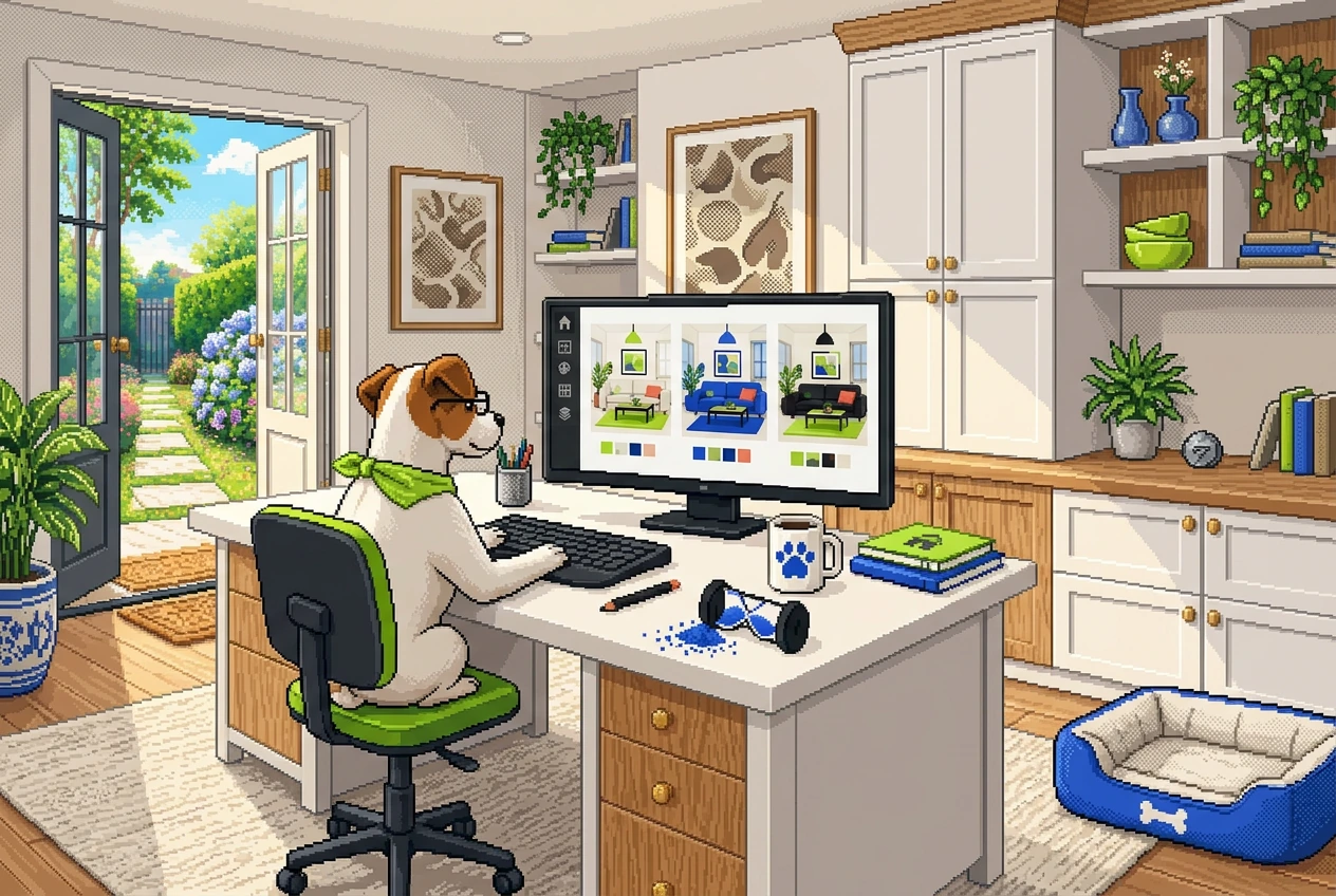 Pikselowy Jack Russell przy monitorze z trzema wariantami kolorystycznymi salonu i przewróconą klepsydrą