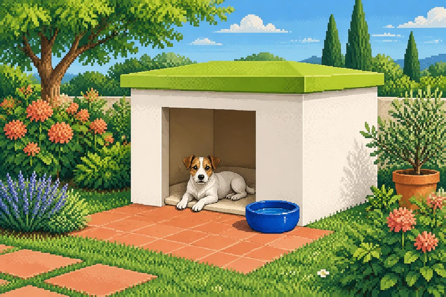 Pikselowa biała buda z limonkowym dachem i Jack Russellem przy wejściu