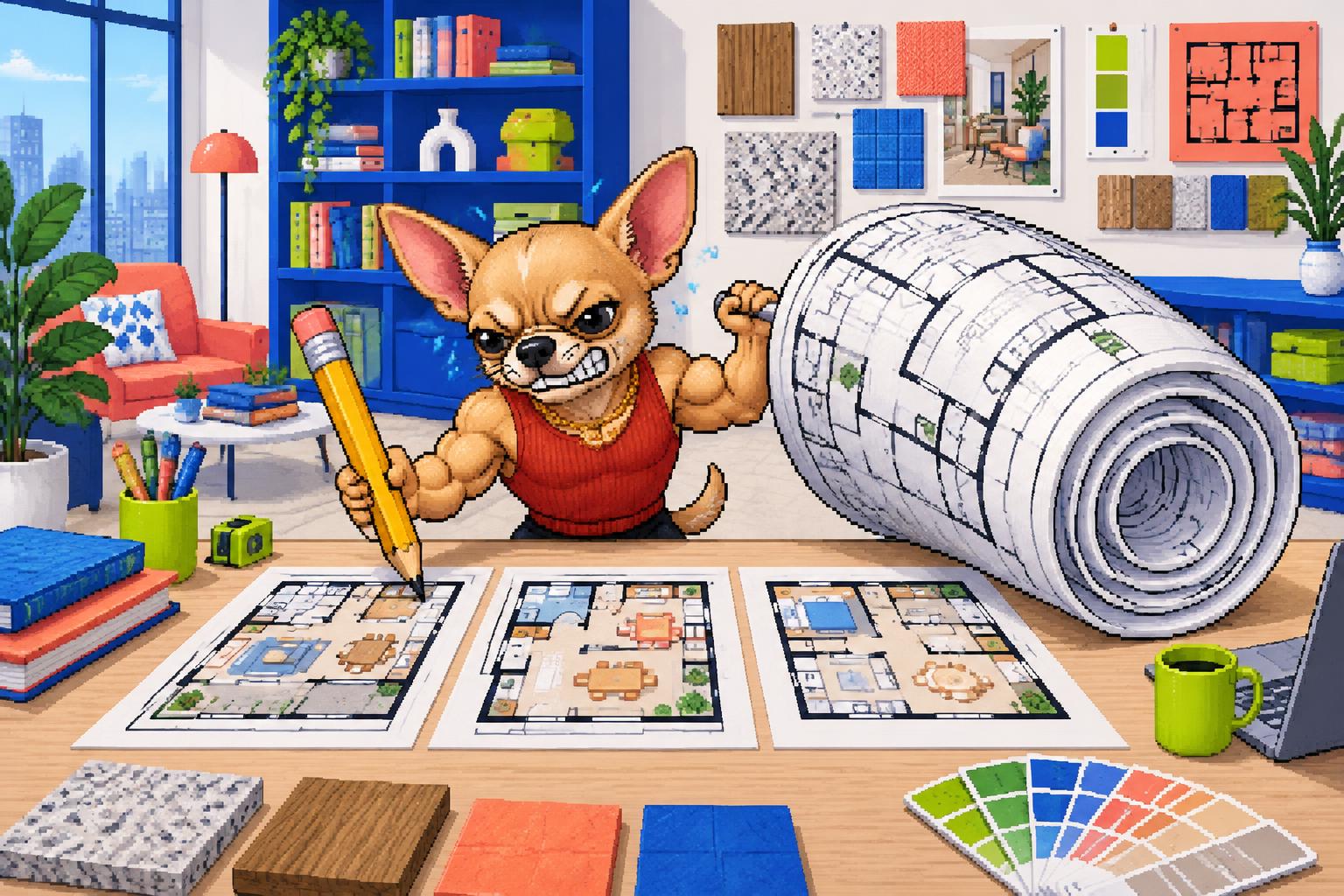 Pixel Pudzian comparing floor plans with an oversized pencil next to an enormous roll of revisions