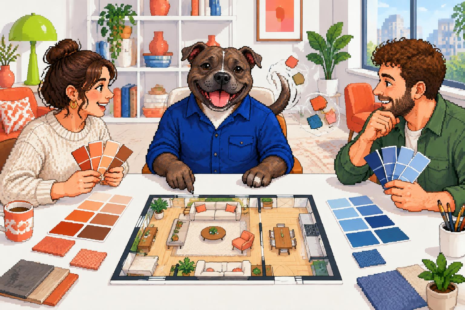 Pixel Tonic between two clients holding warm and cool colour samples, his tail scattering cards