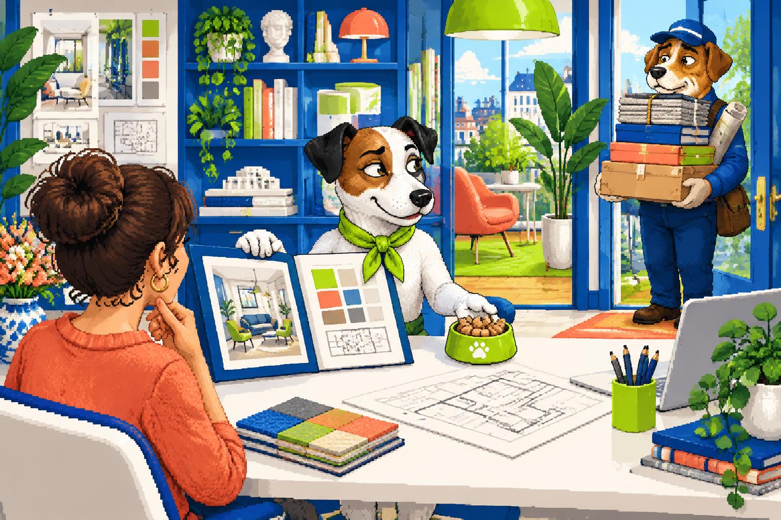 Pixel the terrier shows a welcome folder to a client while a courier waits at the door with samples