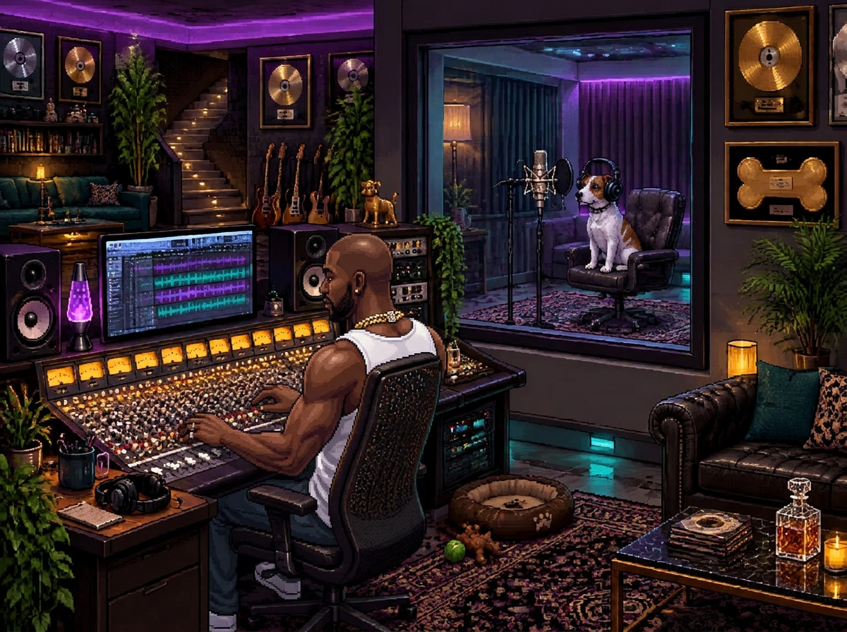 Studio nagrań w piwnicy: gospodarz w złotym łańcuchu siedzi przy konsolecie, Pixel w słuchawkach w kabinie