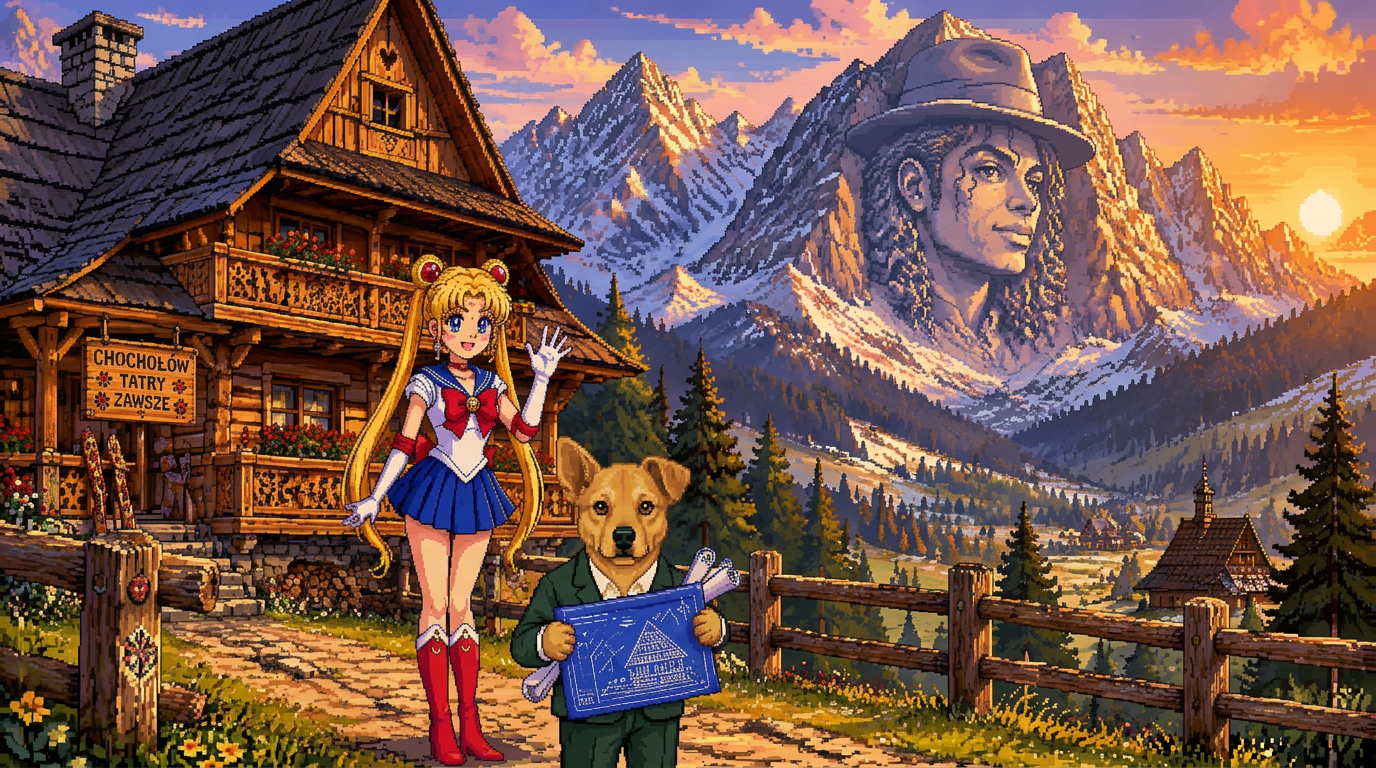 Highlander cabin with a mountain carved into a pop star's portrait behind it; the client in a magical-girl outfit waves beside Kokos