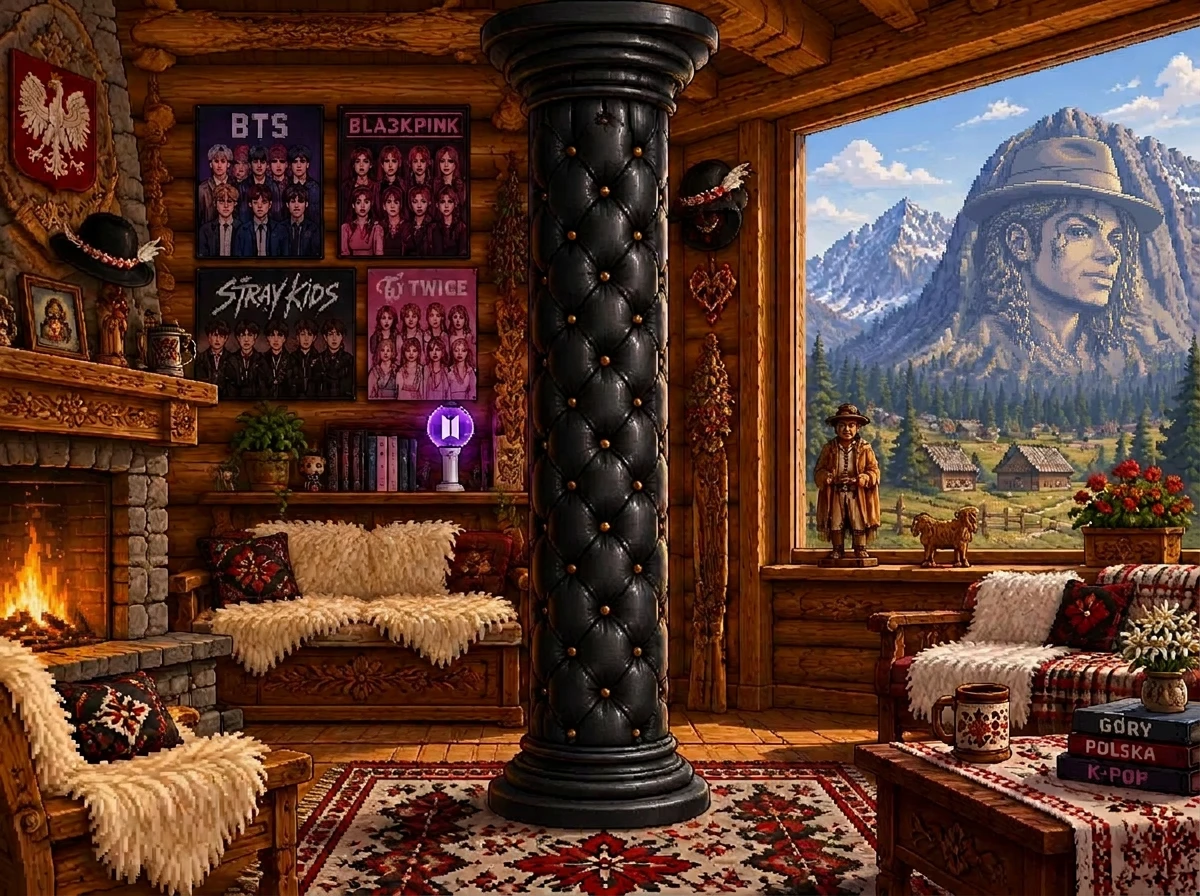 Wooden living room with a fireplace, K-pop posters and a column in black tufted leather; the portrait mountain in the window