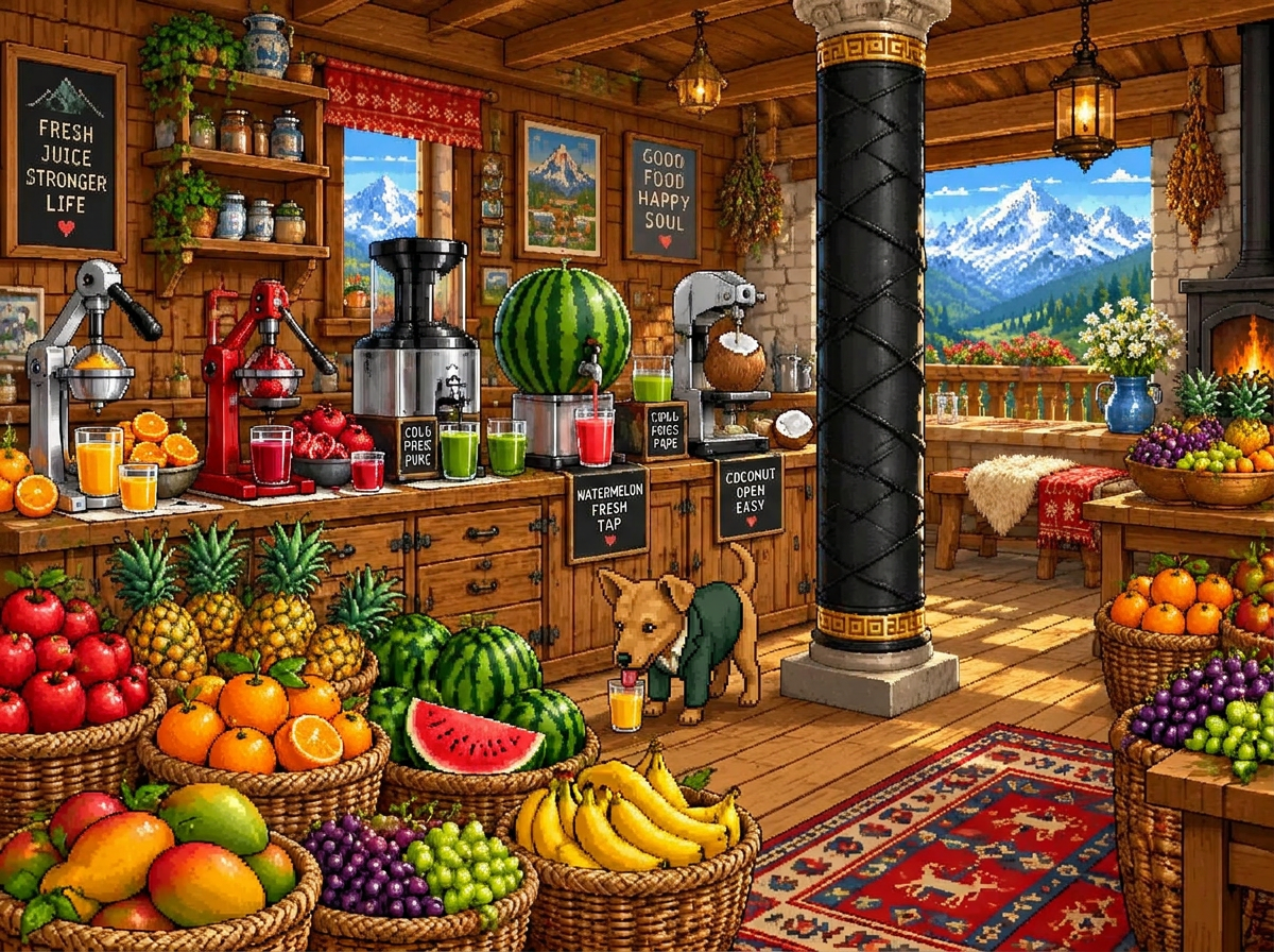 Kitchen with a juicer for every fruit and huge fruit baskets; Kokos drinks juice by the leather column