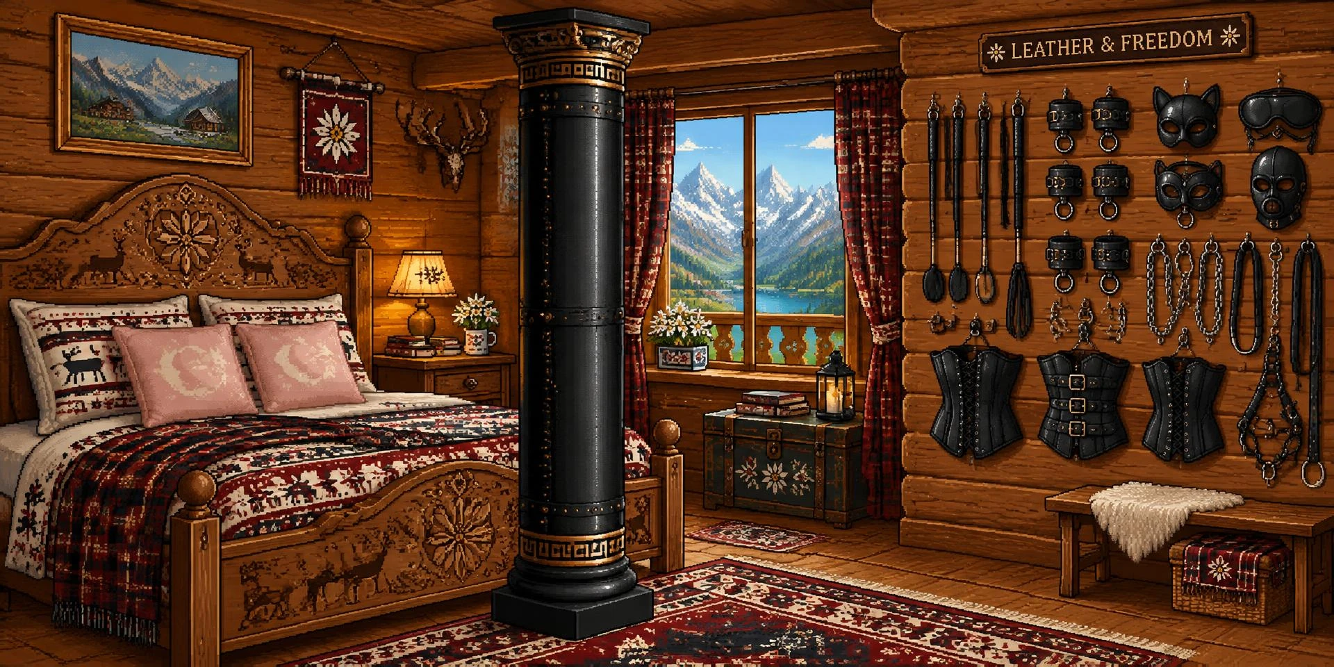 Highlander bedroom with a carved bed, a leather column and a wall full of leather accessories