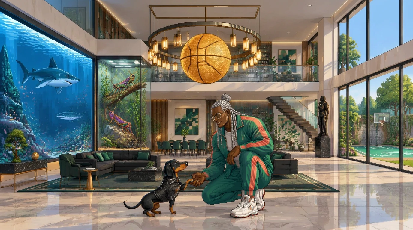 A basketball player shakes Roki's paw in a lounge with sharks, rainbow grasshoppers and a golden basketball chandelier
