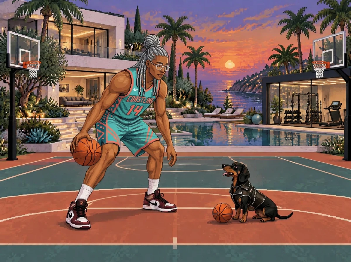 A basketball player trains on a private court with Roki courtside, a pool and gym behind them