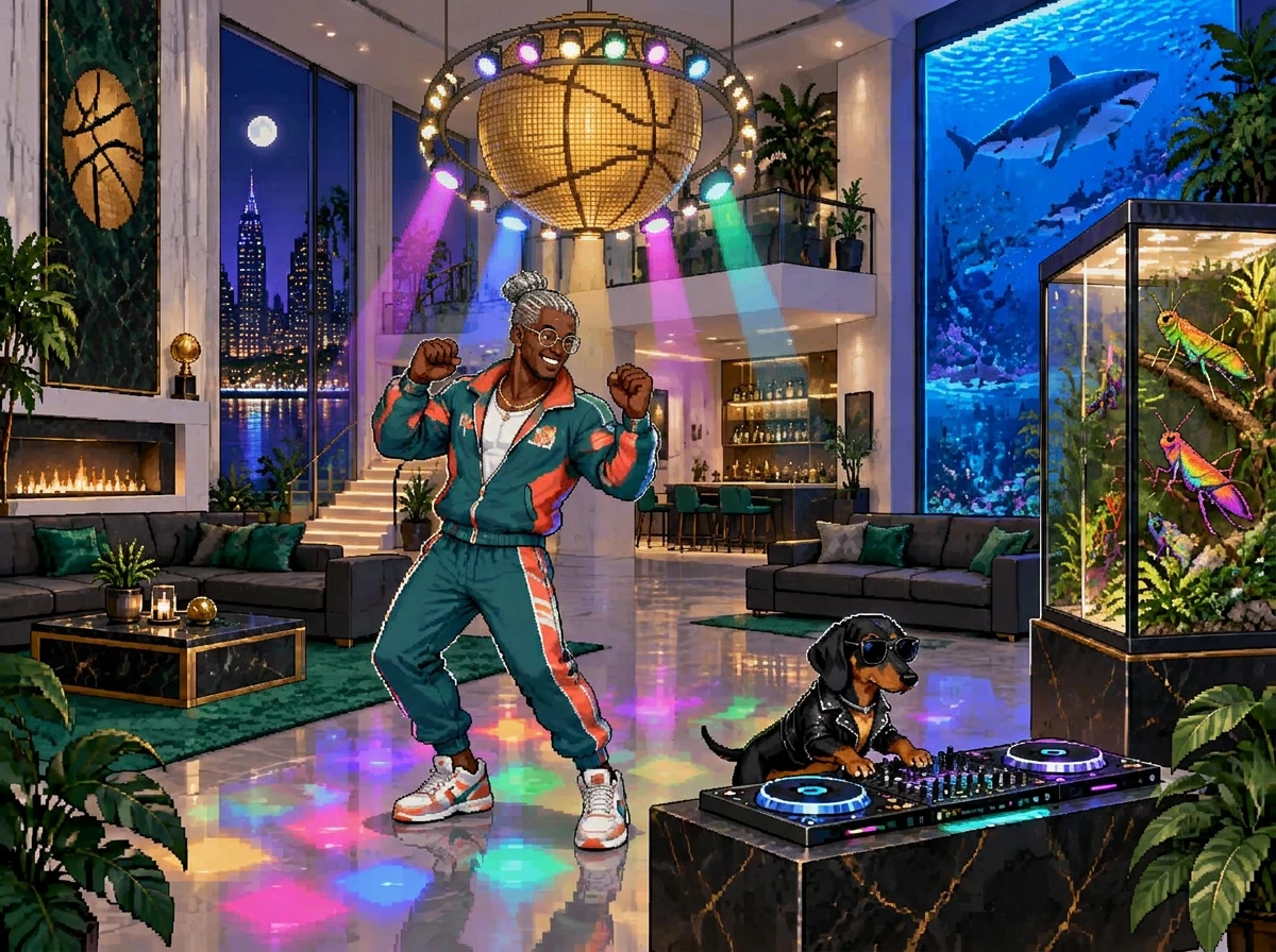 A golden basketball chandelier and coloured spotlights turn the lounge into a club, with Roki at the DJ decks