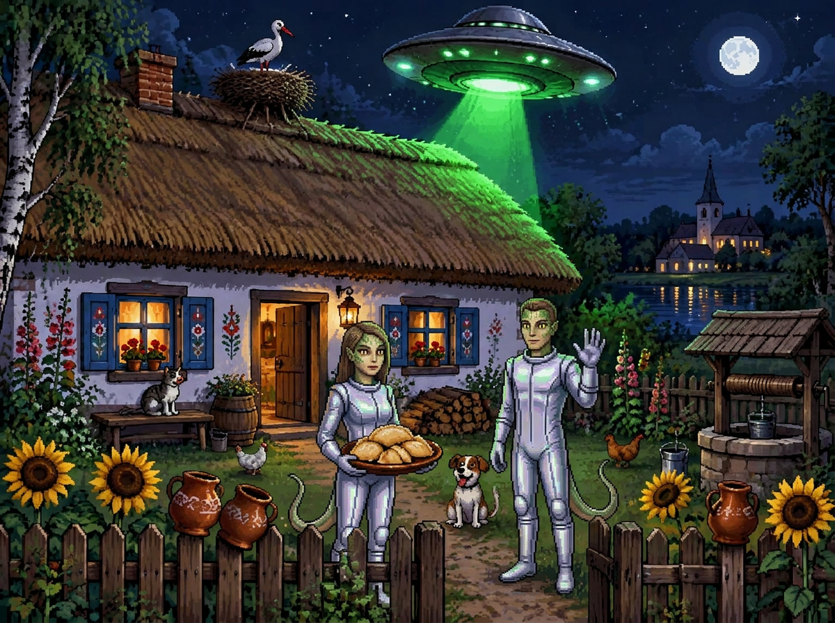 Whitewashed thatched cottage with a stork and a silver saucer above; the visitors greet guests with pierogi