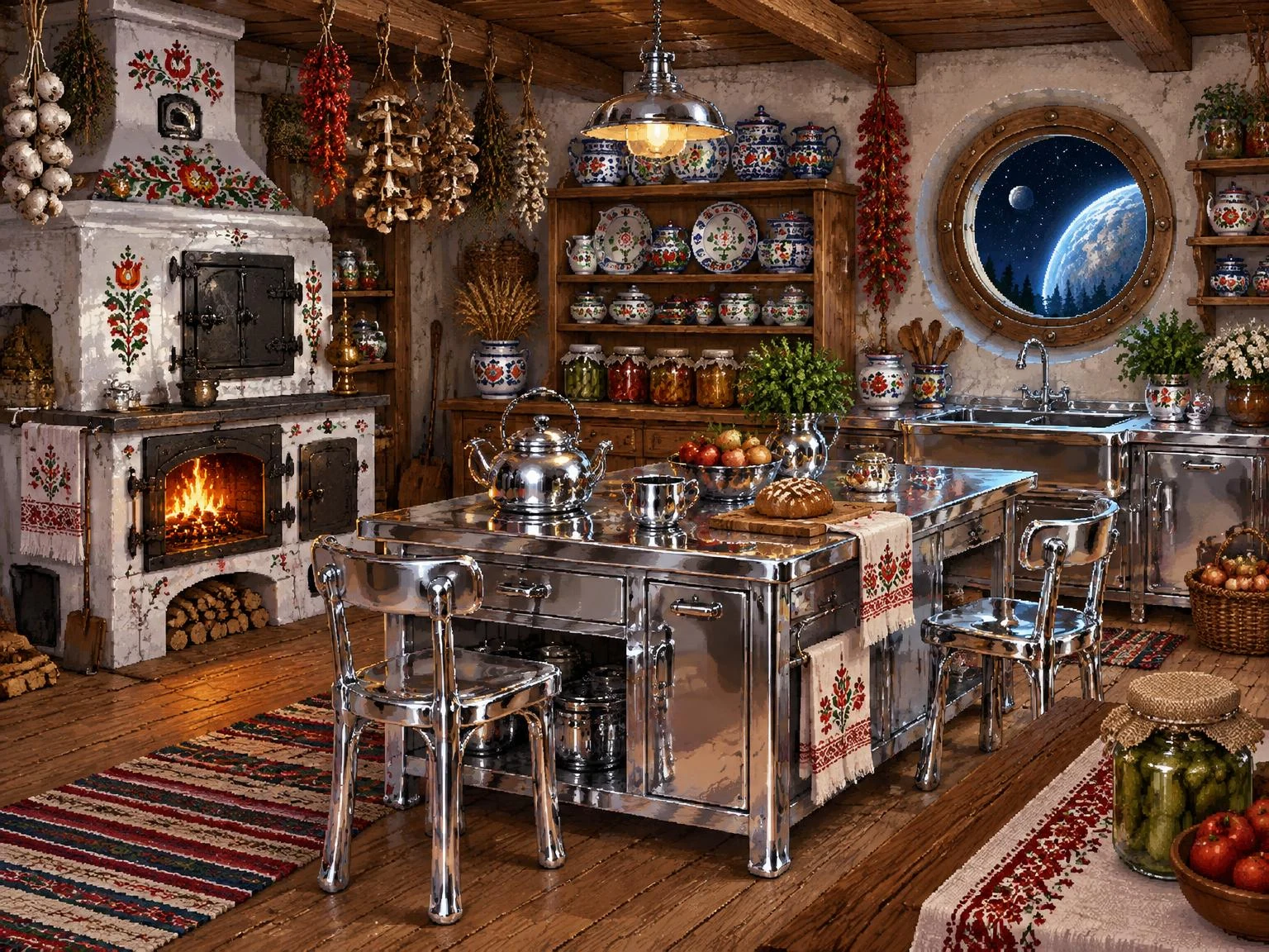 Country kitchen with a bread oven, jars of pickles and a silver island; a planet visible through the porthole