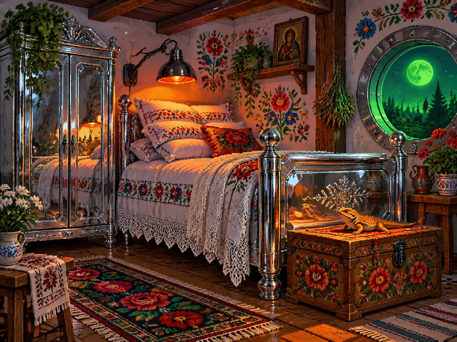 Bedroom with embroidered pillows, a silver bed and a heat lamp for a reptile