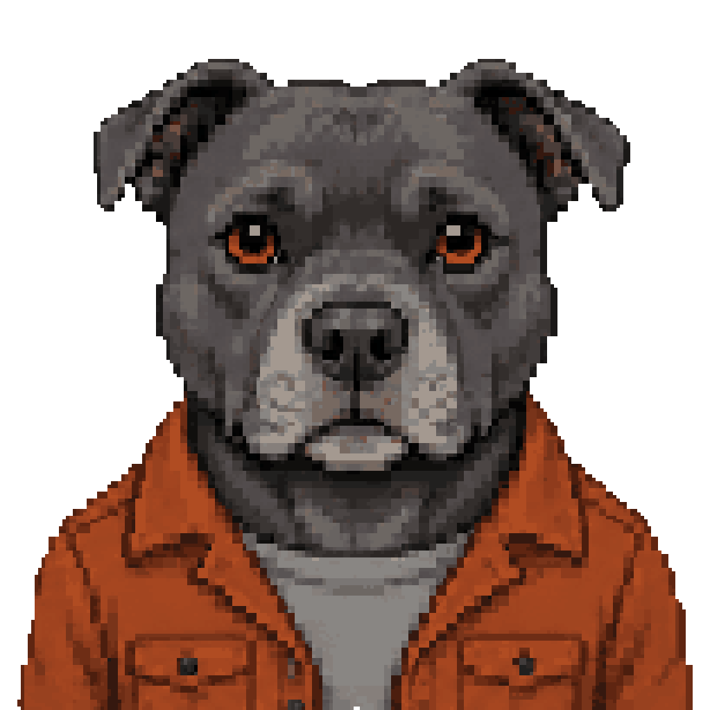 Pikselowy portret psa Tonic, staffordshire bull terrier