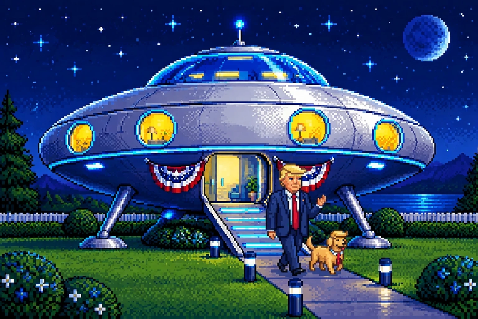Pikselowa wizualizacja domu w kształcie UFO na trawniku nocą; gość w granatowym garniturze i czerwonym krawacie schodzi po świetlistej rampie razem z psem o identycznej fryzurze